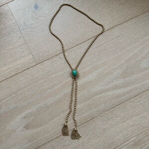 Vintage 1973 Avon Gold Tone & Green cabochon Beaded Bolo Tie necklace